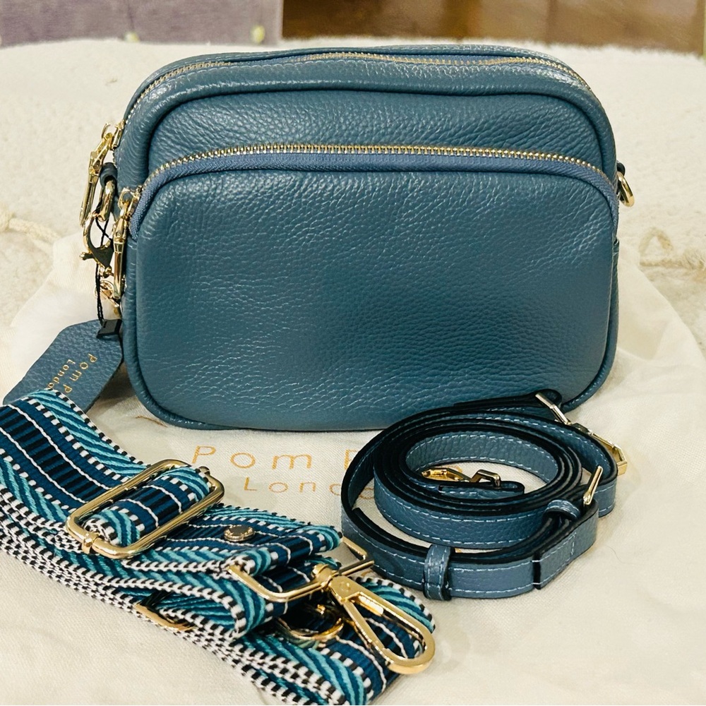 Pom Pom London STEEL BLUE Mayfair/Original w/2 Straps DISCONTINUED COLOR EUC!